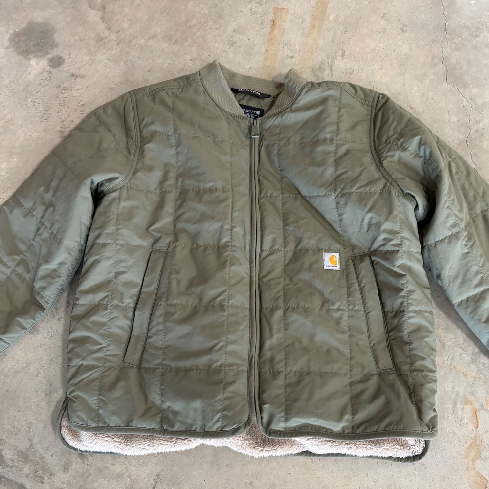 Carhartt Rain Defender Sherpa Lined Quilted Jacket Olive Green OJ6486-W Mens L - Picture 2 of 7